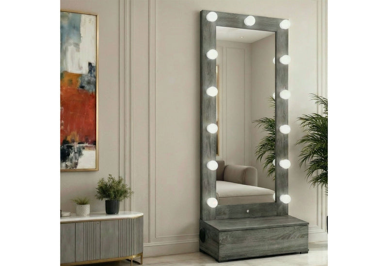Lexi Grey Tall Mirror With Drawer And Speakers - LEXI-GREY-TALL MIRROR W/ DWR + SPEAKERS
