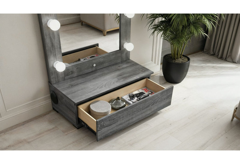 Lexi Grey Tall Mirror With Drawer And Speakers - LEXI-GREY-TALL MIRROR W/ DWR + SPEAKERS