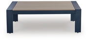 East Beach Outdoor Sofa and Loveseat with Coffee Table in Navy Blue/Driftwood - PKG024588