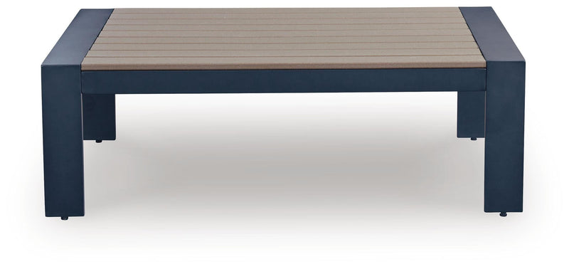 East Beach Outdoor Sofa and Loveseat with Coffee Table in Navy Blue/Driftwood - PKG024588