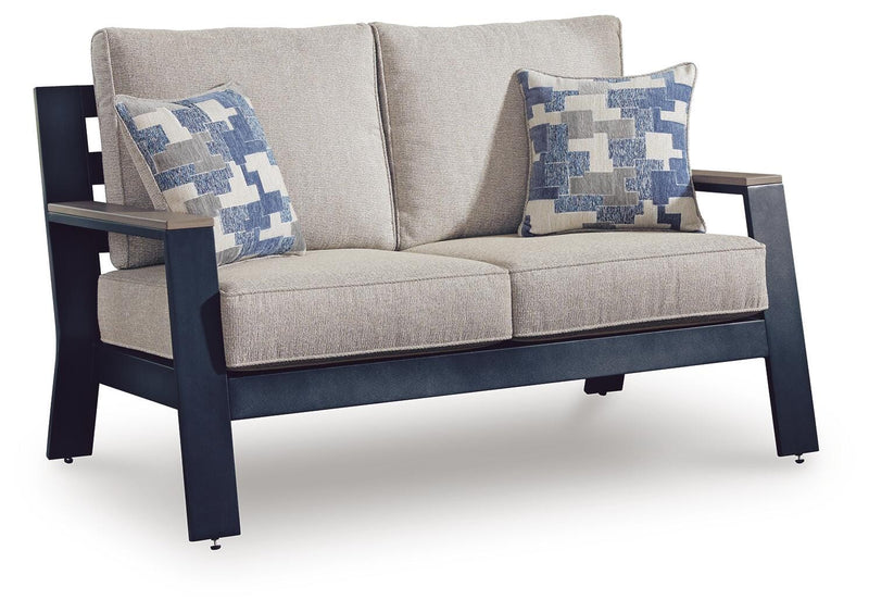 East Beach Outdoor Sofa and Loveseat with Coffee Table in Navy Blue/Driftwood - PKG024588