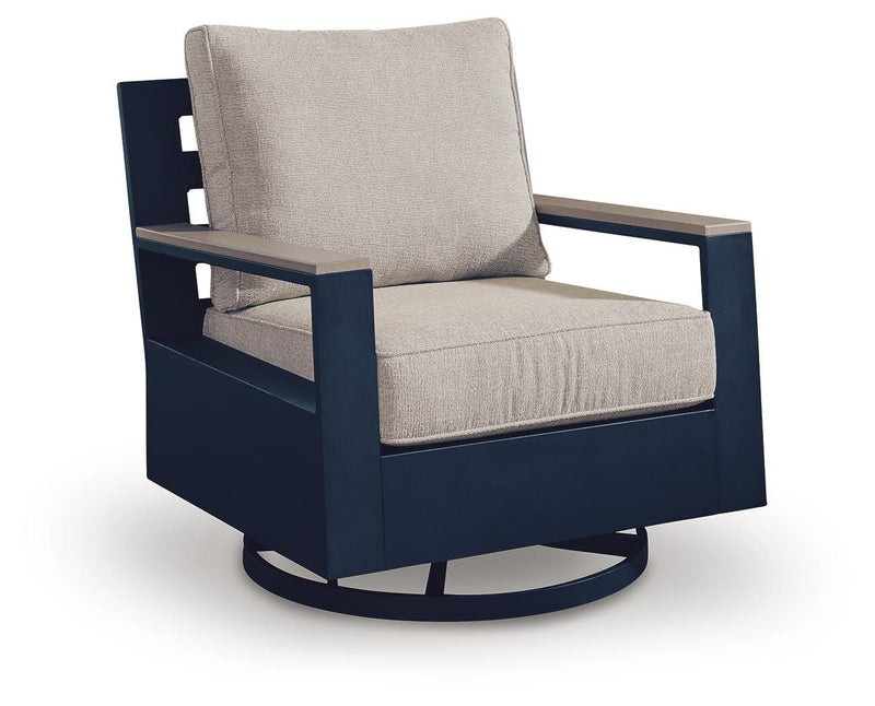 East Beach Outdoor Sofa with 2 Swivel Glider Chairs in Navy Blue/Driftwood - PKG024589