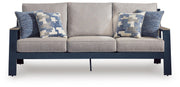 East Beach Outdoor Sofa with 2 Swivel Glider Chairs in Navy Blue/Driftwood - PKG024589