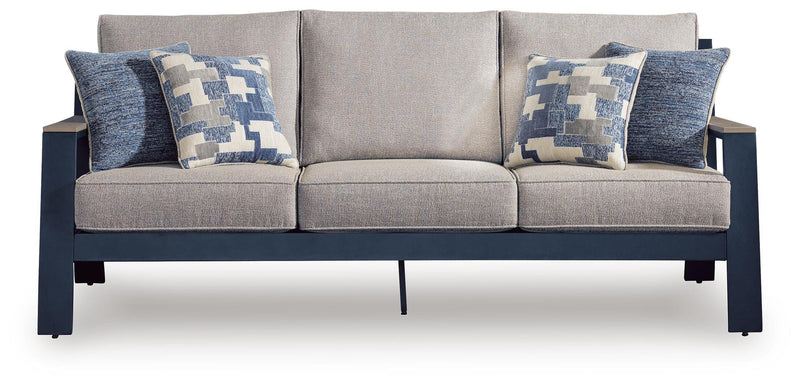 East Beach Outdoor Sofa with 2 Swivel Glider Chairs in Navy Blue/Driftwood - PKG024589