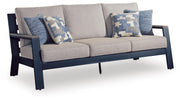 East Beach Outdoor Sofa with 2 Swivel Glider Chairs in Navy Blue/Driftwood - PKG024589