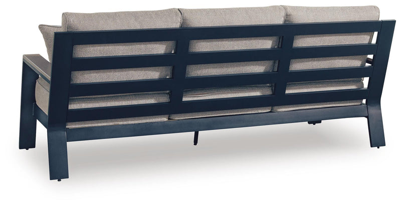 East Beach Outdoor Sofa with 2 Swivel Glider Chairs in Navy Blue/Driftwood - PKG024589