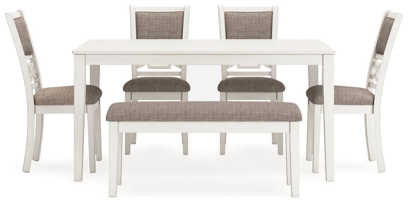 Erinberg Antique White Dining Table and 4 Chairs and Bench (Set of 6) - D423-325