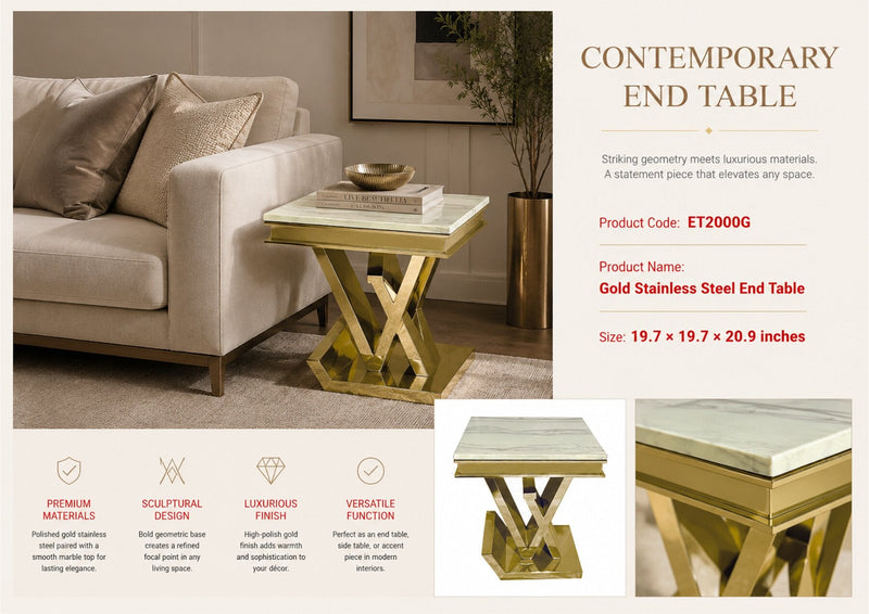 ET2000G 20 X 20 X 21.2  - GOLD STAINLESS STEEL + MARBLE END TABLE - 210000007511