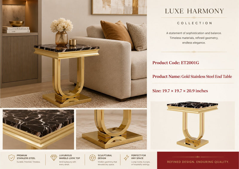 ET2001G 20 X 20 21.2  - GOLD STAINLESS STEEL + MARBLE  END TABLE - 210000007469
