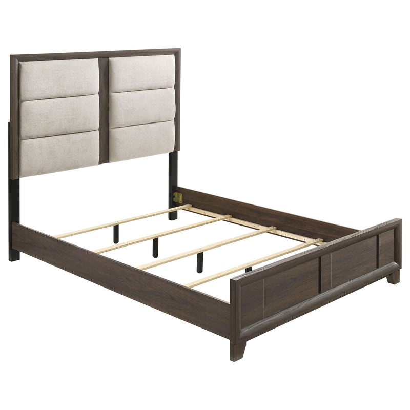 Farre Eastern King Upholstered Platform Panel Bed Dark Brown - 225321KE