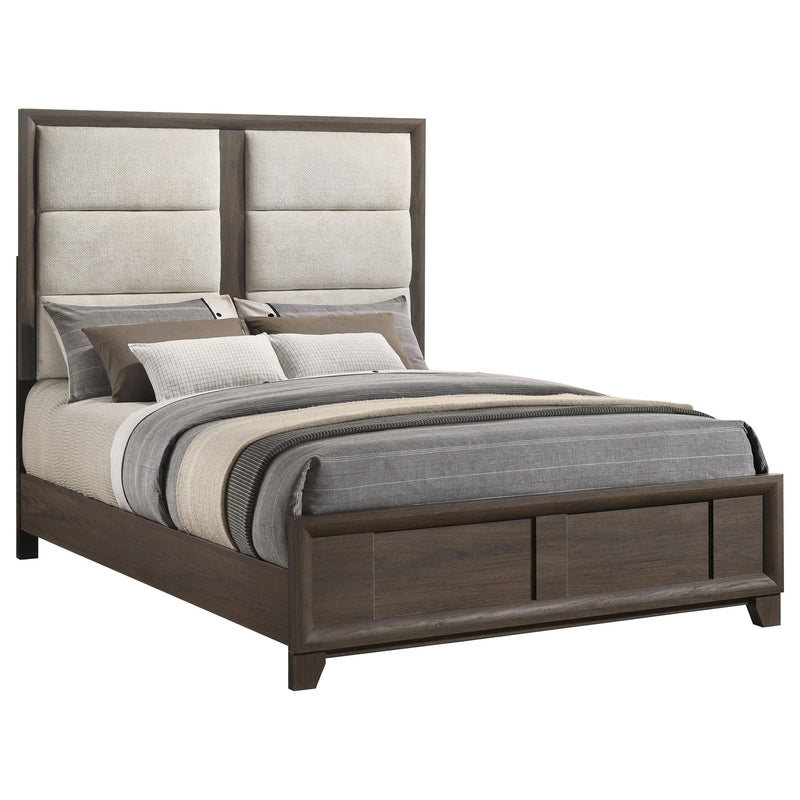 Farre Eastern King Upholstered Platform Panel Bed Dark Brown - 225321KE
