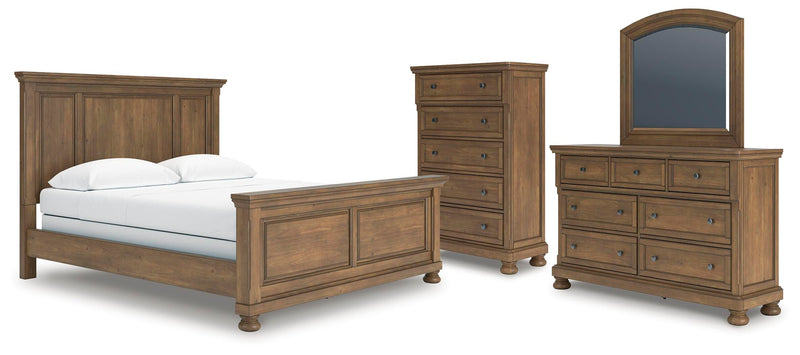 Feddinger California King Panel Bed with Mirrored Dresser and Chest in Medium Brown - PKG022328
