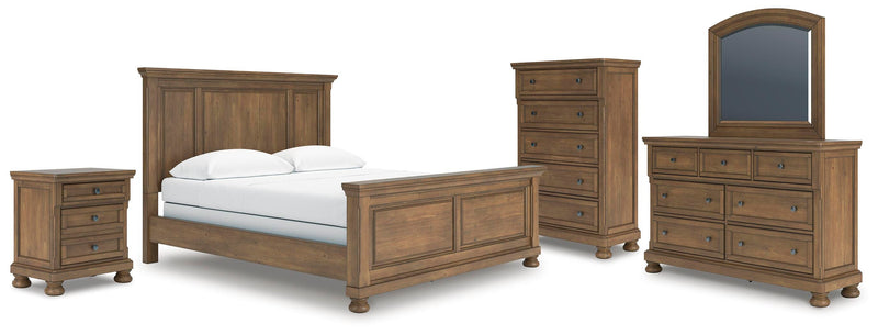 Feddinger California King Panel Bed with Mirrored Dresser, Chest and Nightstand in Medium Brown - PKG022329