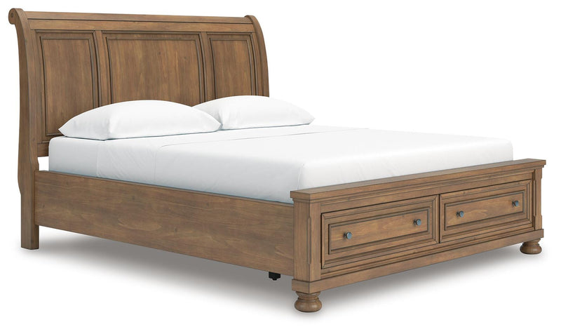 Feddinger California King Storage Sleigh Bed with Mirrored Dresser and 2 Nightstands in Medium Brown - PKG022341