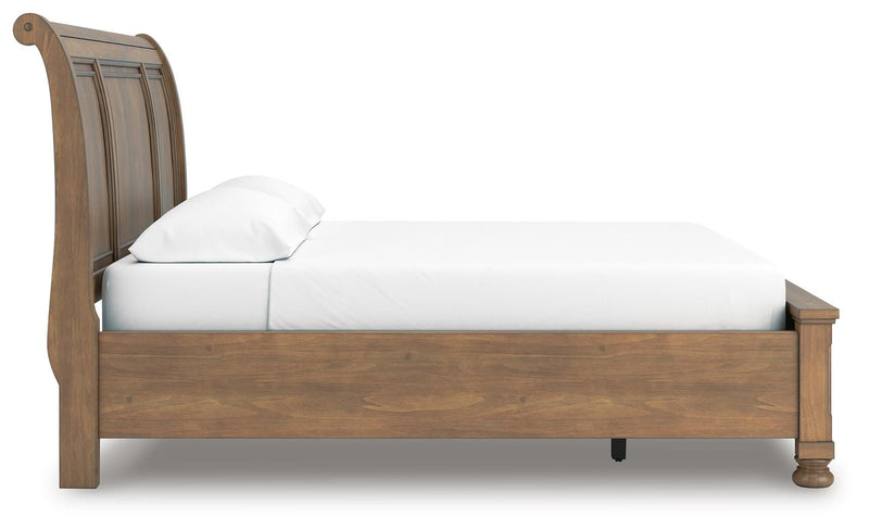 Feddinger California King Storage Sleigh Bed with Mirrored Dresser and 2 Nightstands in Medium Brown - PKG022341