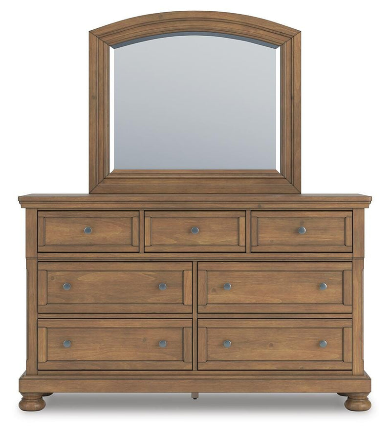 Feddinger California King Storage Sleigh Bed with Mirrored Dresser and Chest in Medium Brown - PKG022344