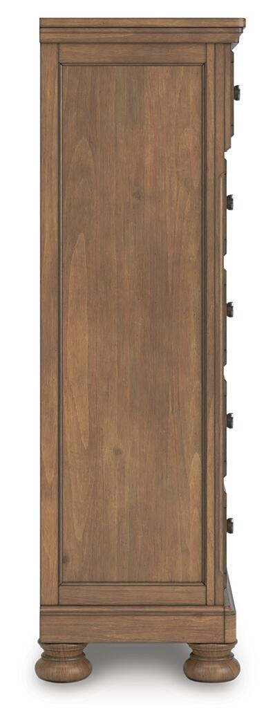 Feddinger California King Storage Sleigh Bed with Mirrored Dresser and Chest in Medium Brown - PKG022344