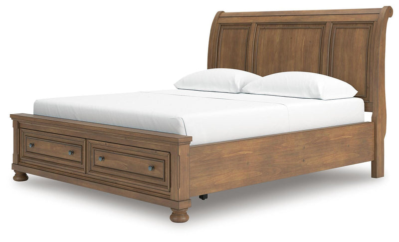 Feddinger California King Storage Sleigh Bed with Mirrored Dresser and Chest in Medium Brown - PKG022344
