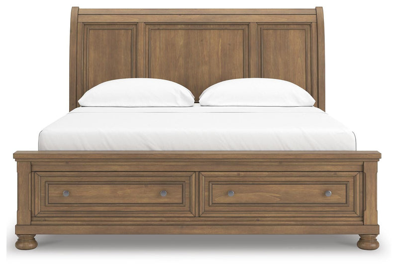 Feddinger California King Storage Sleigh Bed with Mirrored Dresser and Nightstand in Medium Brown - PKG022343