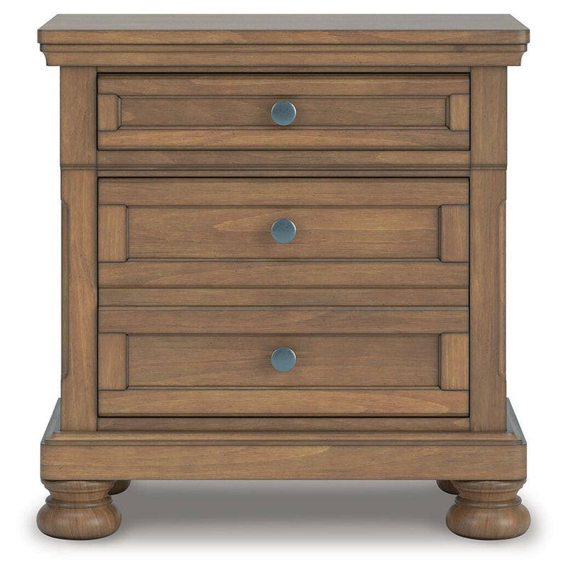 Feddinger California King Storage Sleigh Bed with Mirrored Dresser, Chest and Nightstand in Medium Brown - PKG022345