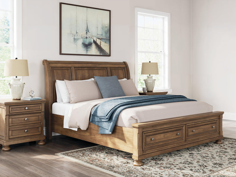 Feddinger California King Storage Sleigh Bed with Mirrored Dresser in Medium Brown - PKG022340