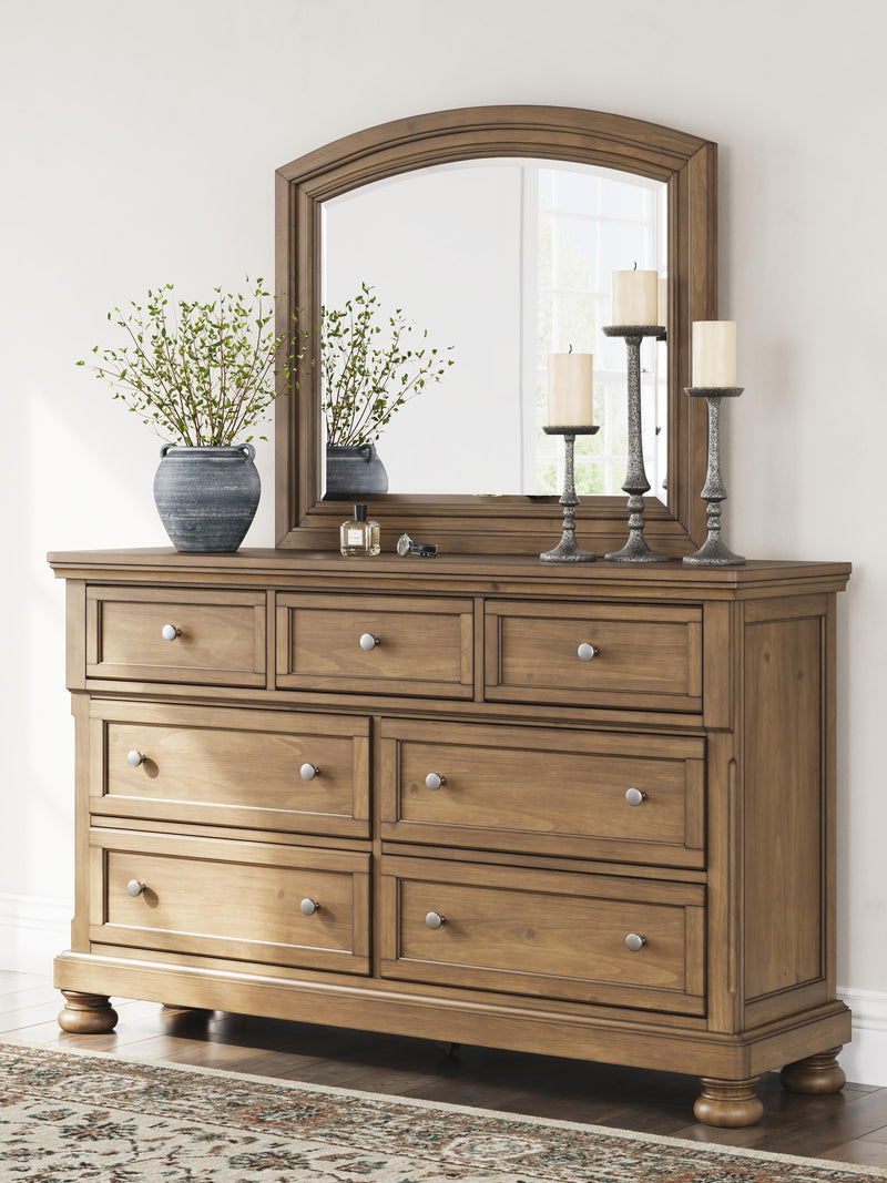 Feddinger King Panel Bed with Mirrored Dresser and 2 Nightstands in Medium Brown - PKG022317