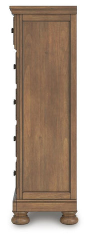 Feddinger King Panel Bed with Mirrored Dresser and Chest in Medium Brown - PKG022320