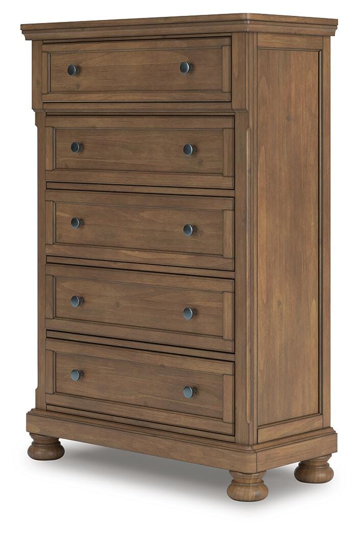 Feddinger King Panel Bed with Mirrored Dresser and Chest in Medium Brown - PKG022320