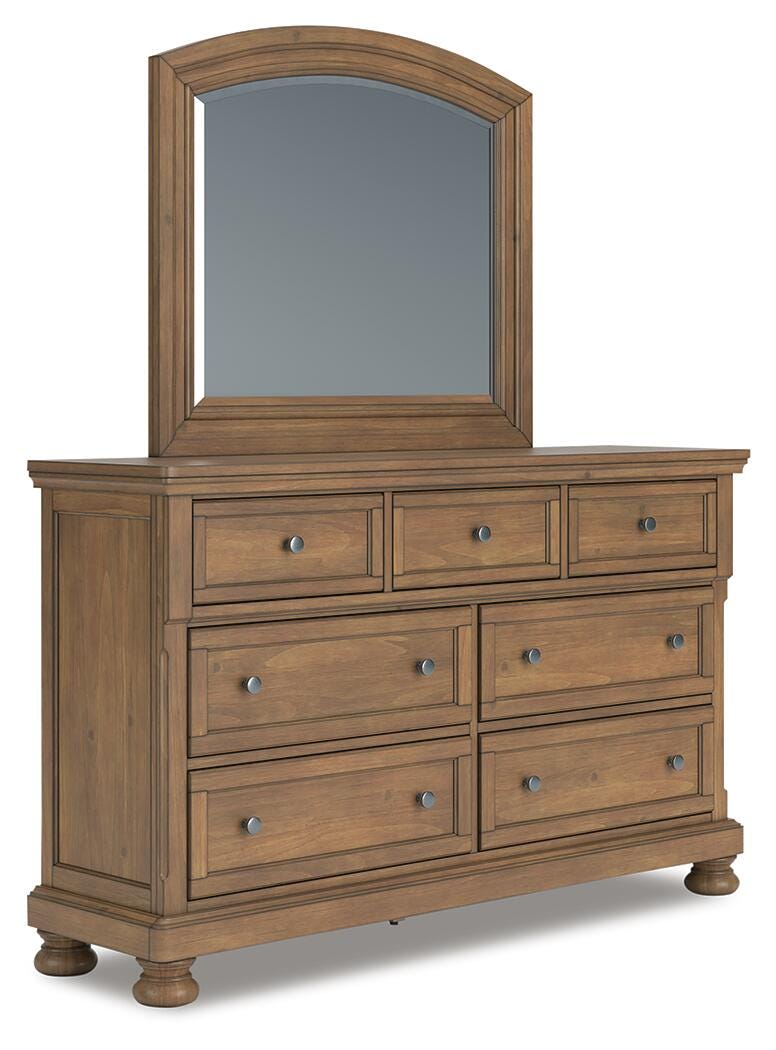 Feddinger King Panel Bed with Mirrored Dresser and Chest in Medium Brown - PKG022320