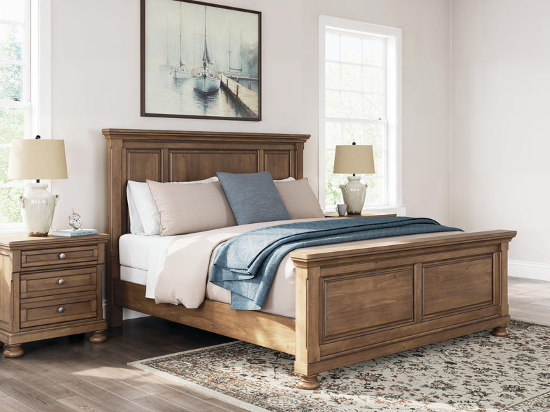 Feddinger King Panel Bed with Mirrored Dresser and Nightstand in Medium Brown - PKG022319