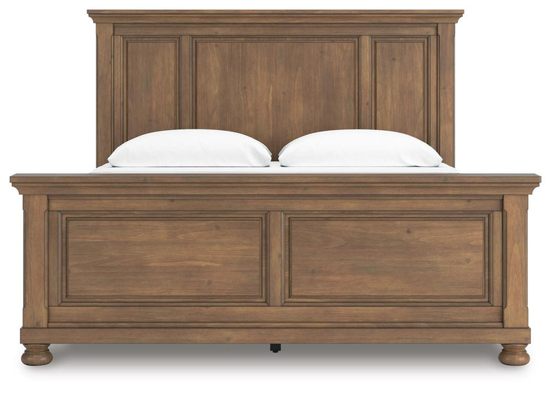 Feddinger King Panel Bed with Mirrored Dresser and Nightstand in Medium Brown - PKG022319