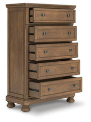 Feddinger King Panel Bed with Mirrored Dresser, Chest and Nightstand in Medium Brown - PKG022321