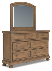 Feddinger King Panel Bed with Mirrored Dresser, Chest and Nightstand in Medium Brown - PKG022321