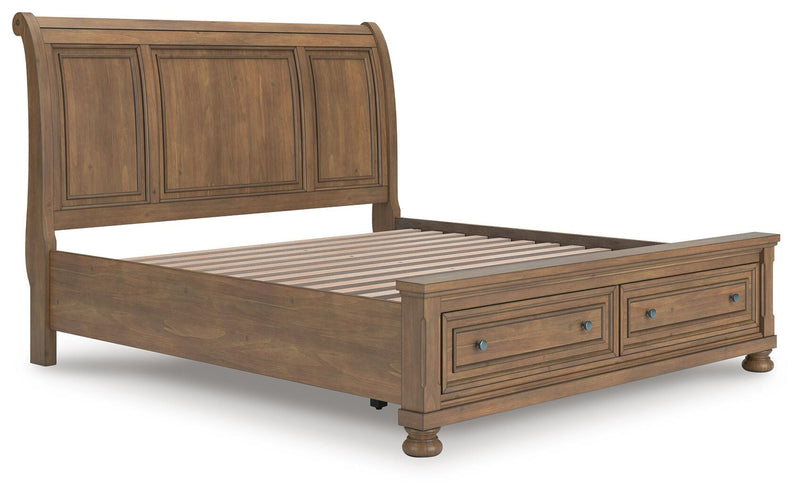 Feddinger King Storage Sleigh Bed with Dresser and Nightstand in Medium Brown - PKG022339