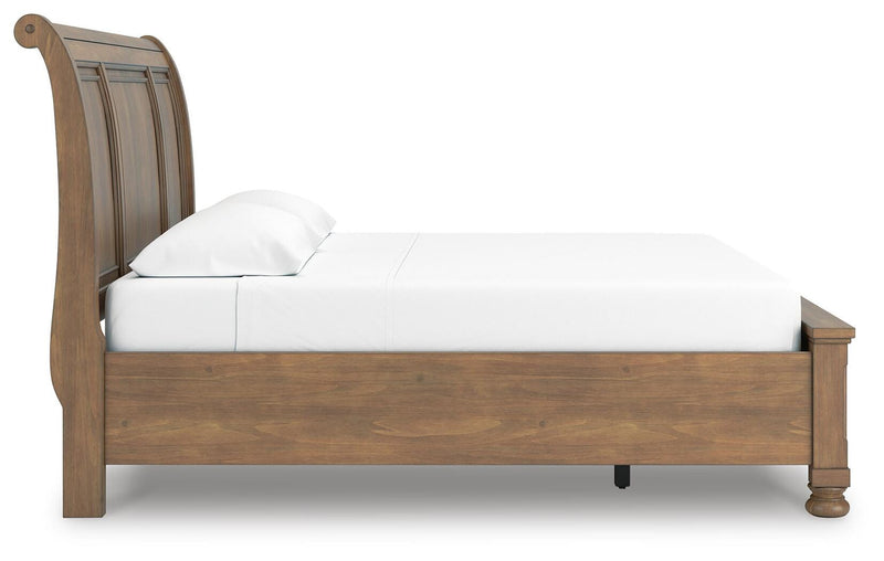 Feddinger King Storage Sleigh Bed with Mirrored Dresser and Chest in Medium Brown - PKG022336
