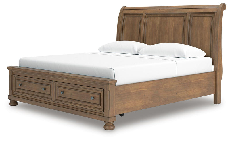 Feddinger King Storage Sleigh Bed with Mirrored Dresser and Chest in Medium Brown - PKG022336
