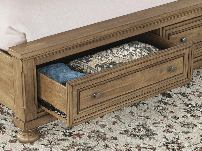 Feddinger King Storage Sleigh Bed with Mirrored Dresser and Chest in Medium Brown - PKG022336