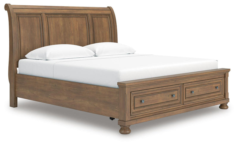 Feddinger King Storage Sleigh Bed with Mirrored Dresser and Nightstand in Medium Brown - PKG022335