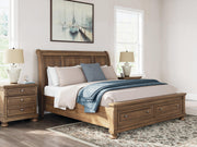 Feddinger King Storage Sleigh Bed with Mirrored Dresser, Chest and 2 Nightstands in Medium Brown - PKG022334