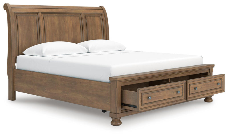 Feddinger King Storage Sleigh Bed with Mirrored Dresser in Medium Brown - PKG022332