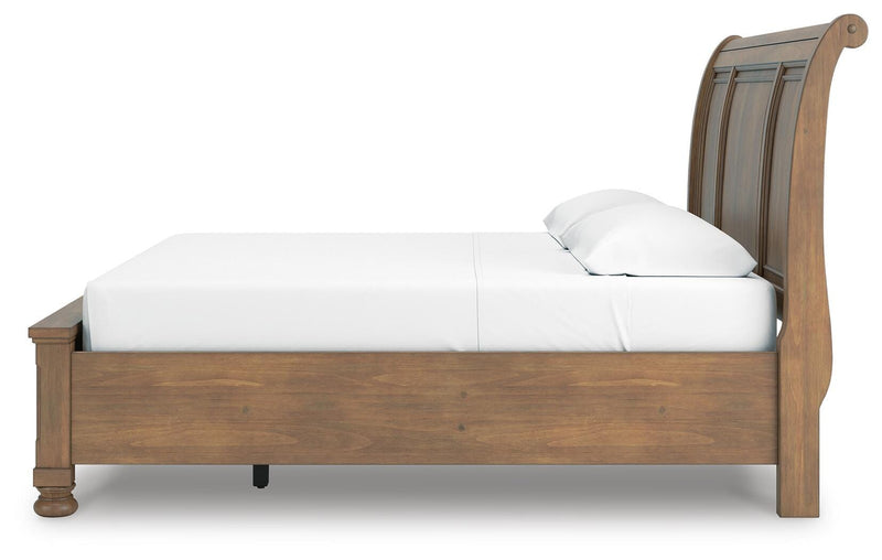 Feddinger King Storage Sleigh Bed with Mirrored Dresser in Medium Brown - PKG022332