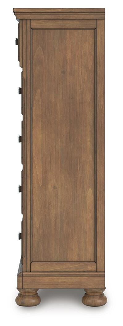 Feddinger Medium Brown King Panel Storage Bed, Dresser, Mirror, Chest and Nightstand - PCB779B17