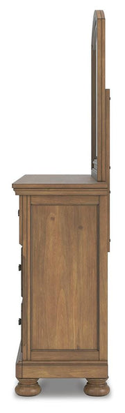 Feddinger Medium Brown King Panel Storage Bed, Dresser, Mirror, Chest and Nightstand - PCB779B17