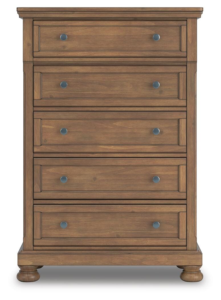 Feddinger Medium Brown King Panel Storage Bed, Dresser, Mirror, Chest and Nightstand - PCB779B17