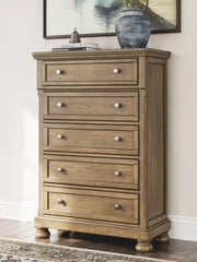 Feddinger Medium Brown Queen Panel Bed, Dresser, Mirror, Chest and Nightstand - PCB779B10