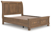 Feddinger Queen Storage Sleigh Bed with Mirrored Dresser and Nightstand in Medium Brown - PKG022311