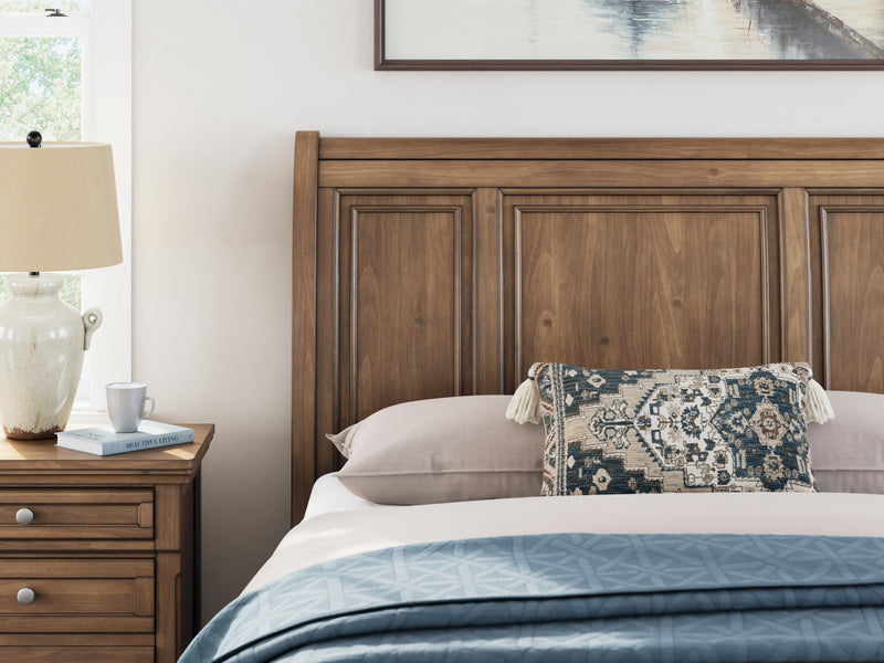 Feddinger Queen Storage Sleigh Bed with Mirrored Dresser and Nightstand in Medium Brown - PKG022311