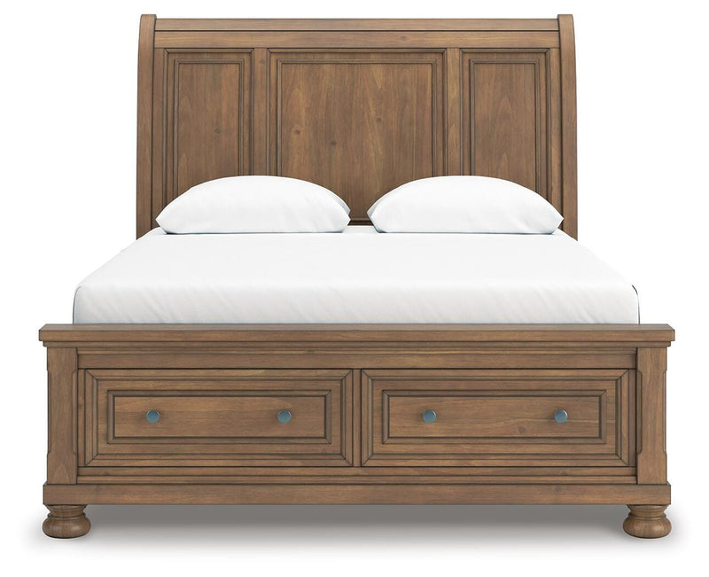 Feddinger Queen Storage Sleigh Bed with Mirrored Dresser, Chest and 2 Nightstands in Medium Brown - PKG022310