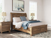 Feddinger Queen Storage Sleigh Bed with Mirrored Dresser, Chest and 2 Nightstands in Medium Brown - PKG022310