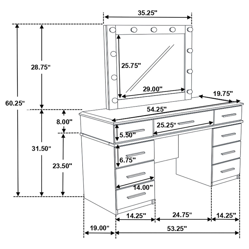 Felicity 9-drawer Vanity Table Lighted Mirror Glossy White - 203507